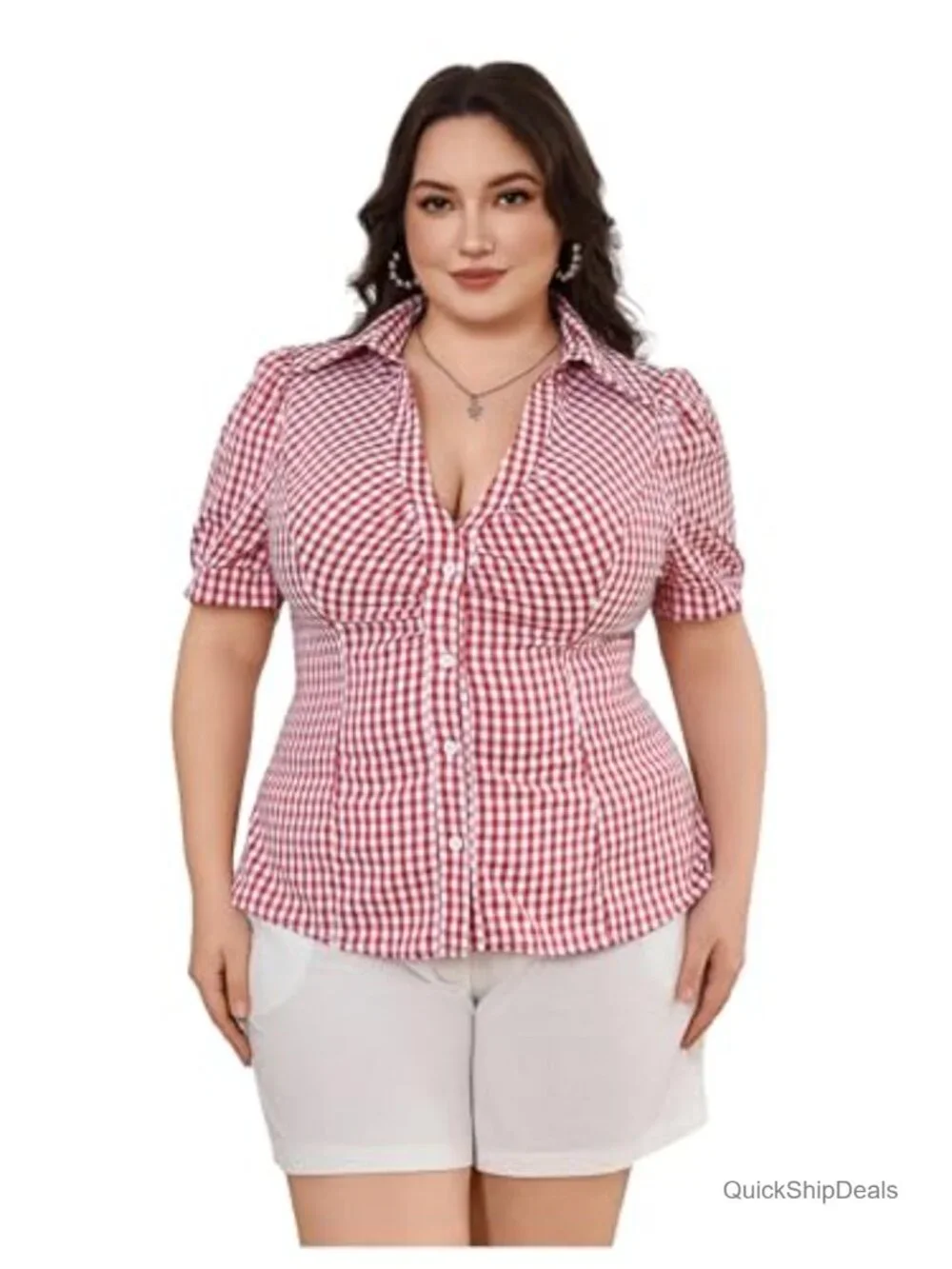Plus Size Puff Sleeve Gingham Plaid Button Down Ruched Y2K Blouse Crop Top